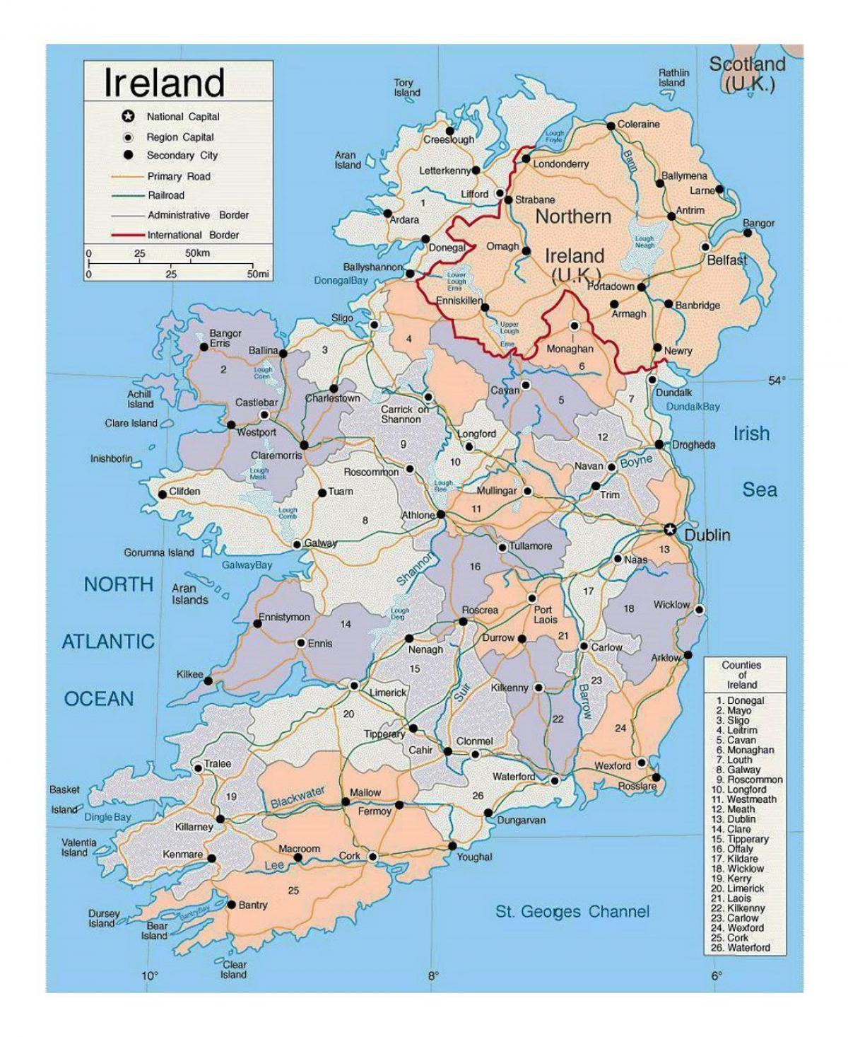 χάρτης της ιρλανδίας με τις πόλεις