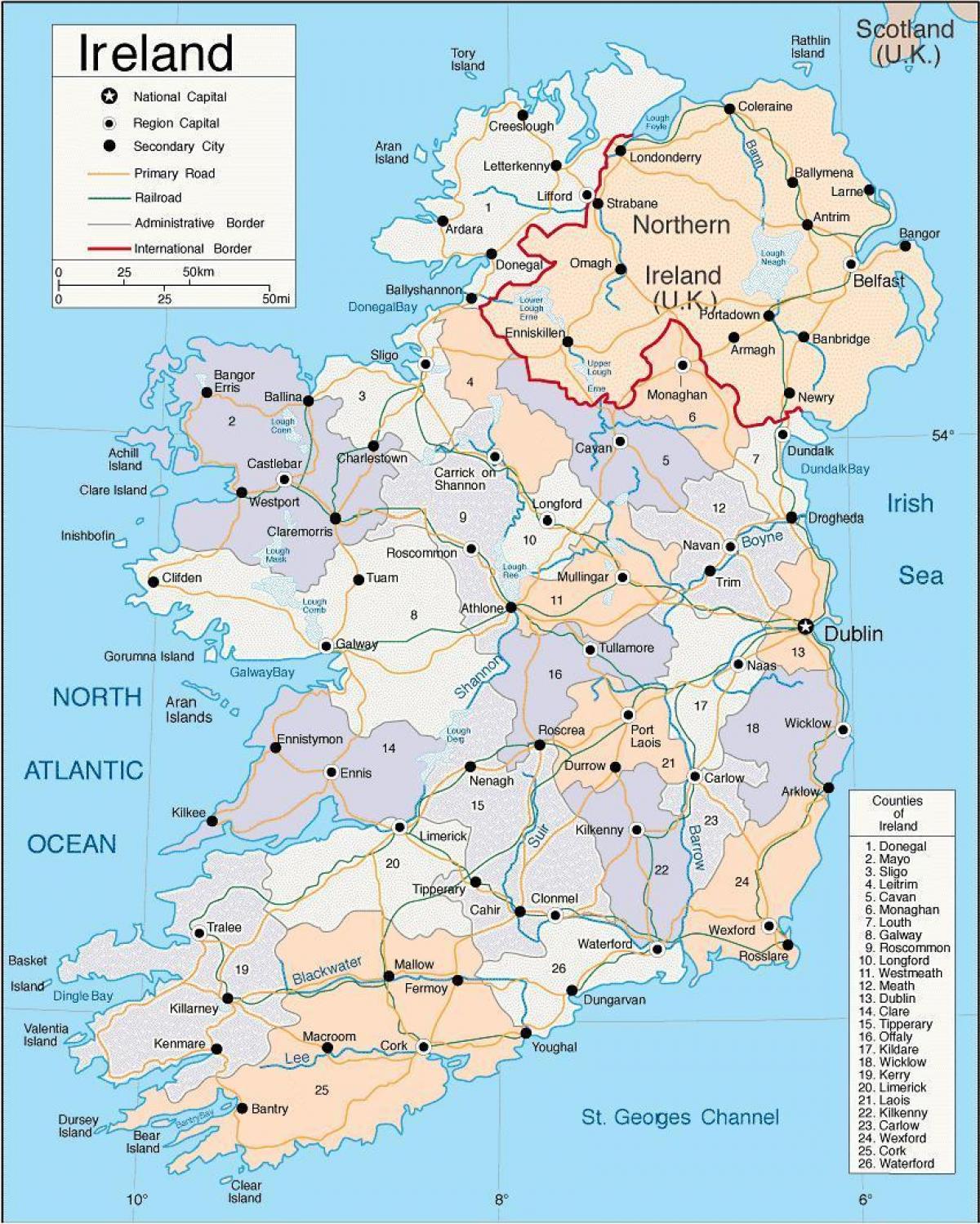 χάρτης της ιρλανδίας συμπεριλαμβανομένης κομητείες